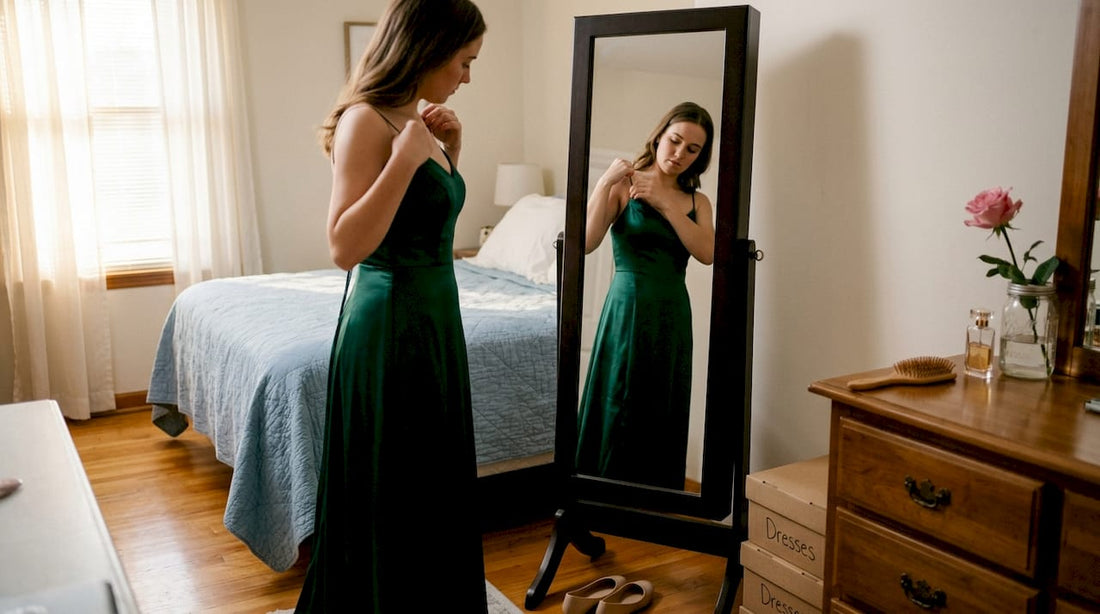 Woman fitting satin gown near bedroom mirror