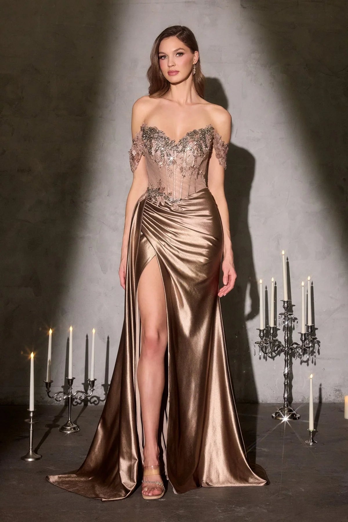 La Divine CDS554 - Off Shoulder Applique Satin Gown