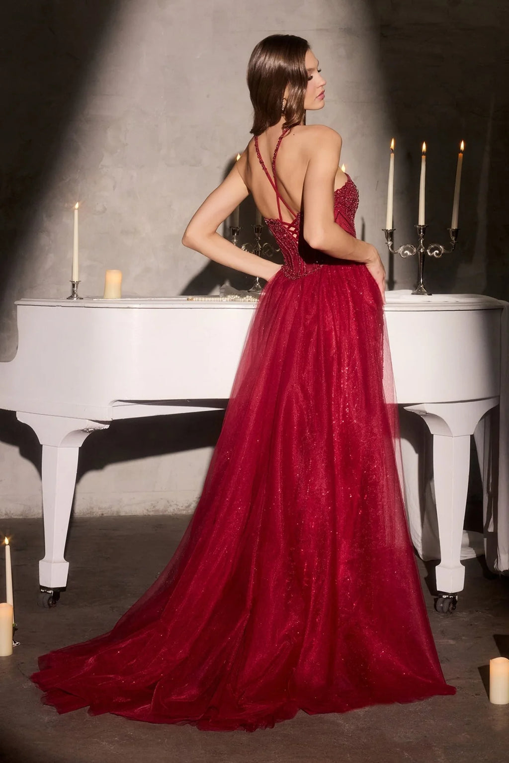 La Divine CC495 - Beaded Halter Overskirt Dress