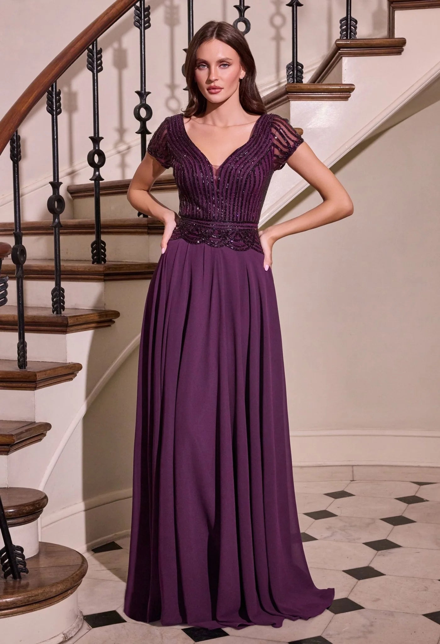 La Divine CL07 - Short Sleeve Beaded Dress