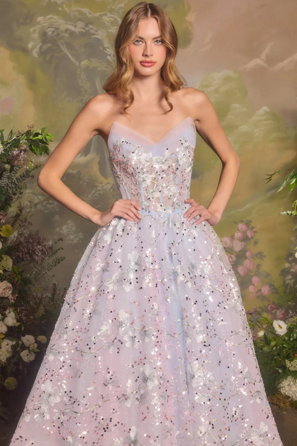 Andrea and Leo A1485 - Floral Embroidery A-Line Dress