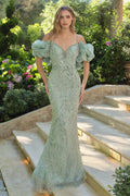 Andrea and Leo A1488 - Detachable Puff Sleeve Beaded Gown
