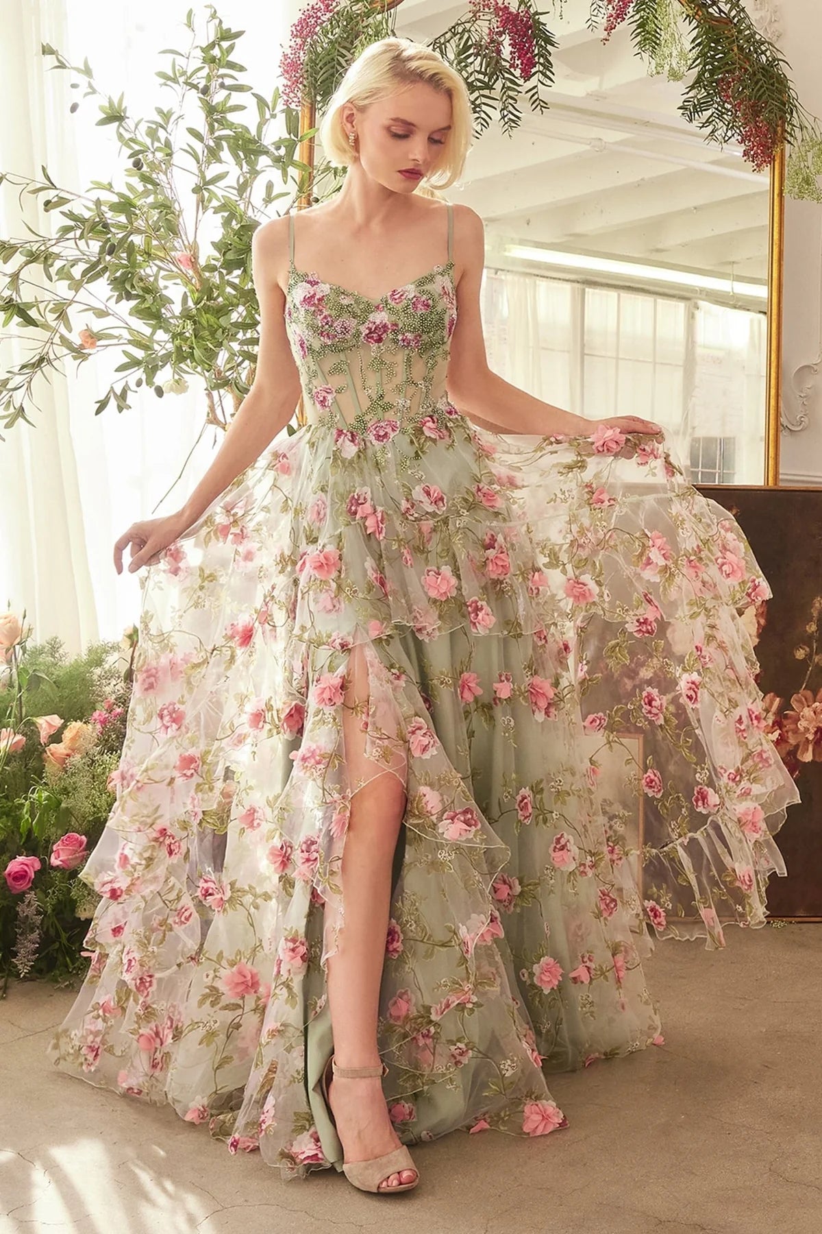 Andrea and Leo A1420 - Floral Print Layered A-Line Prom Gown
