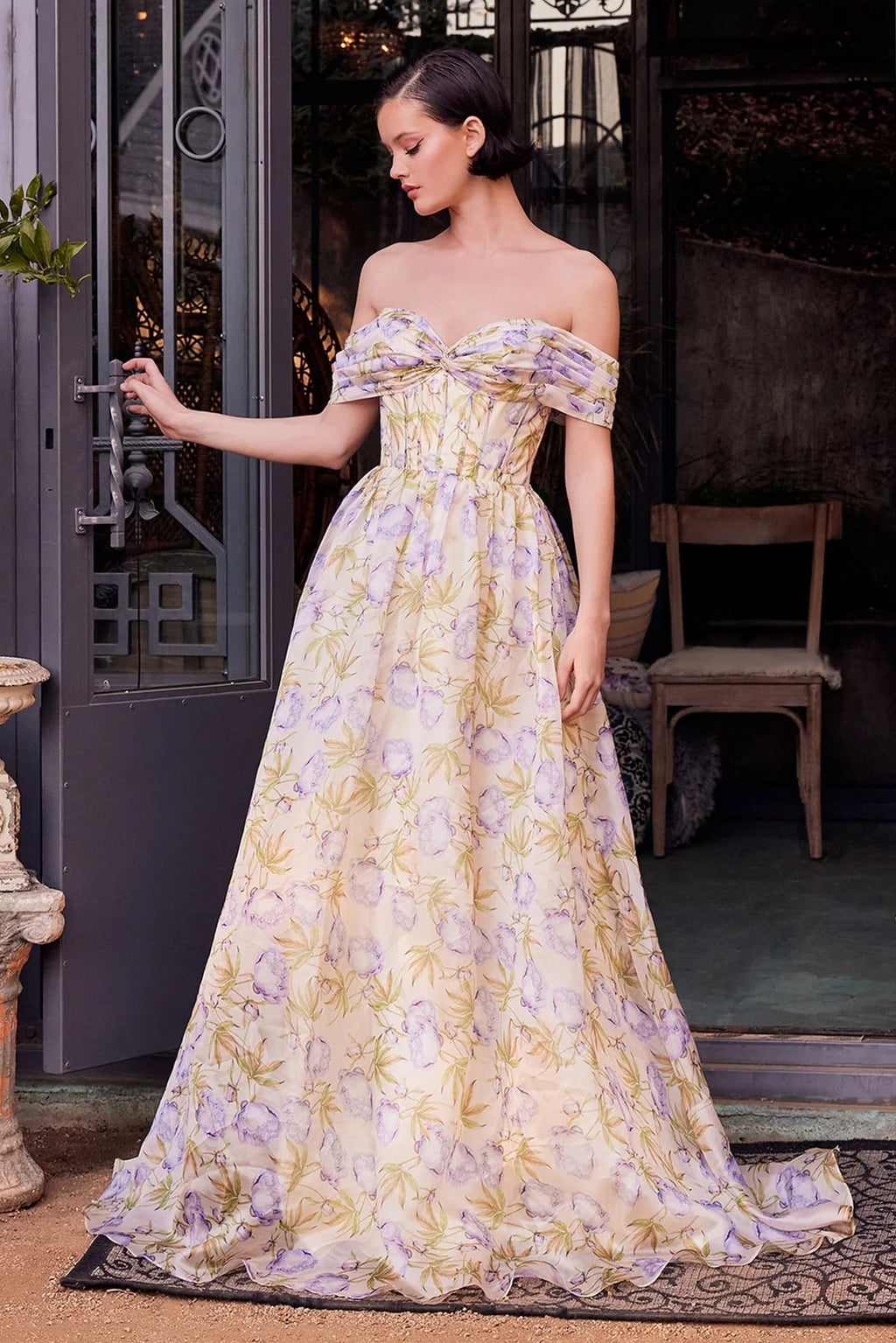 Andrea and Leo A1466 - Floral Print Off Shoulder Organza Dress