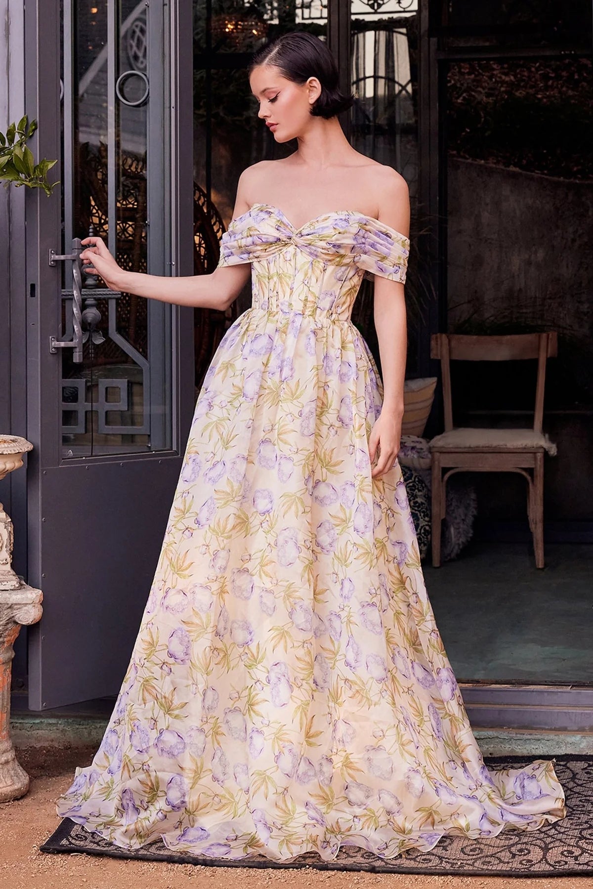 Andrea and Leo A1466 - Floral Print Off Shoulder Organza Dress