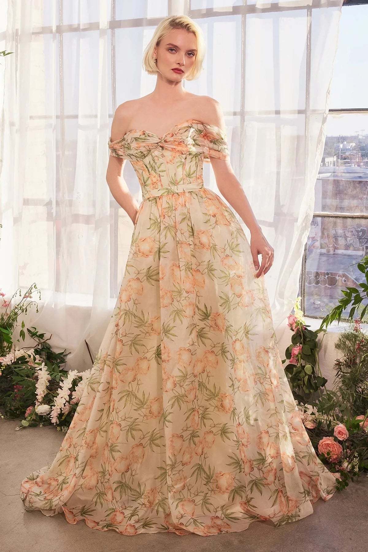 Andrea and Leo A1466 - Floral Print Off Shoulder Organza Dress