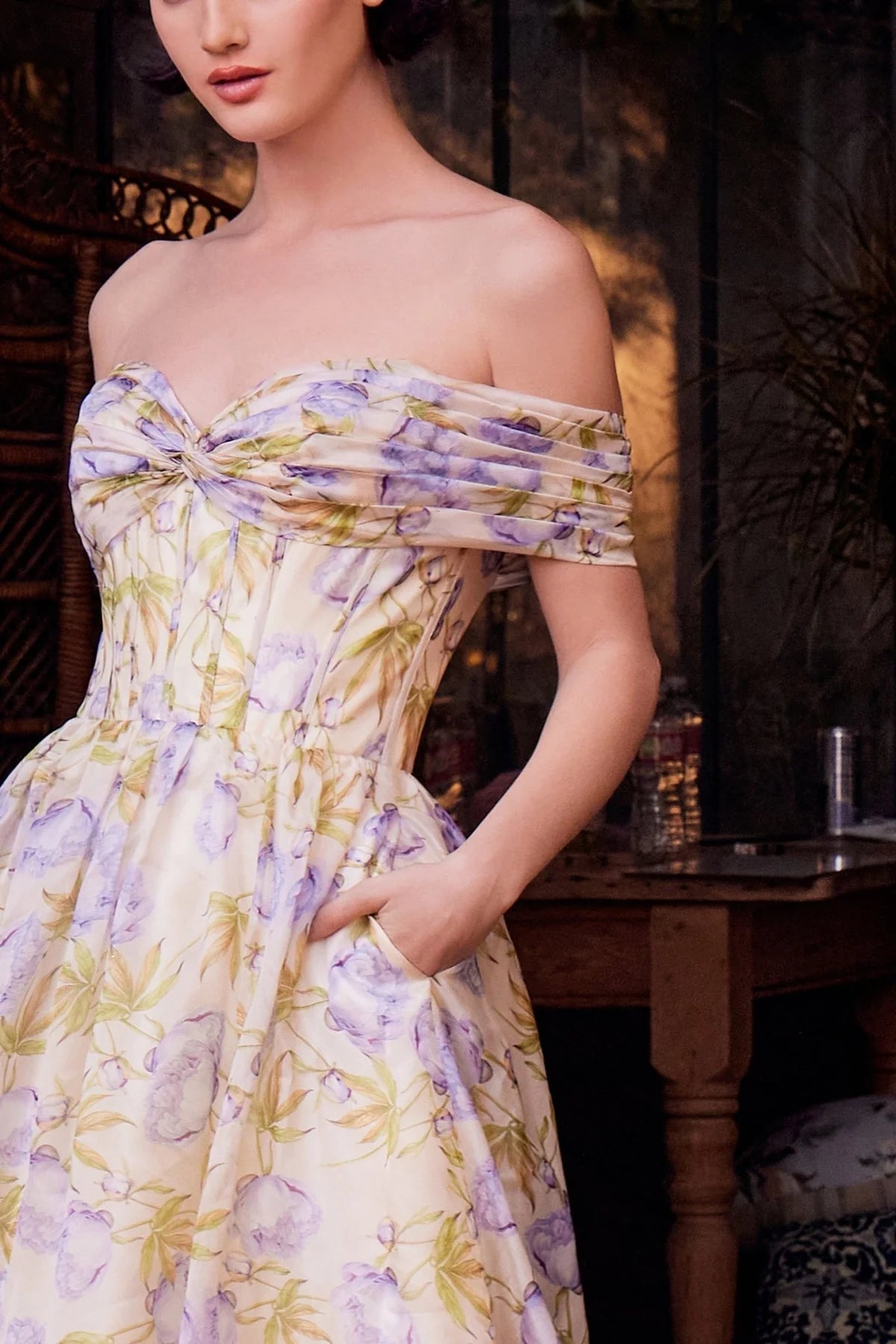 Andrea and Leo A1466 - Floral Print Off Shoulder Organza Dress