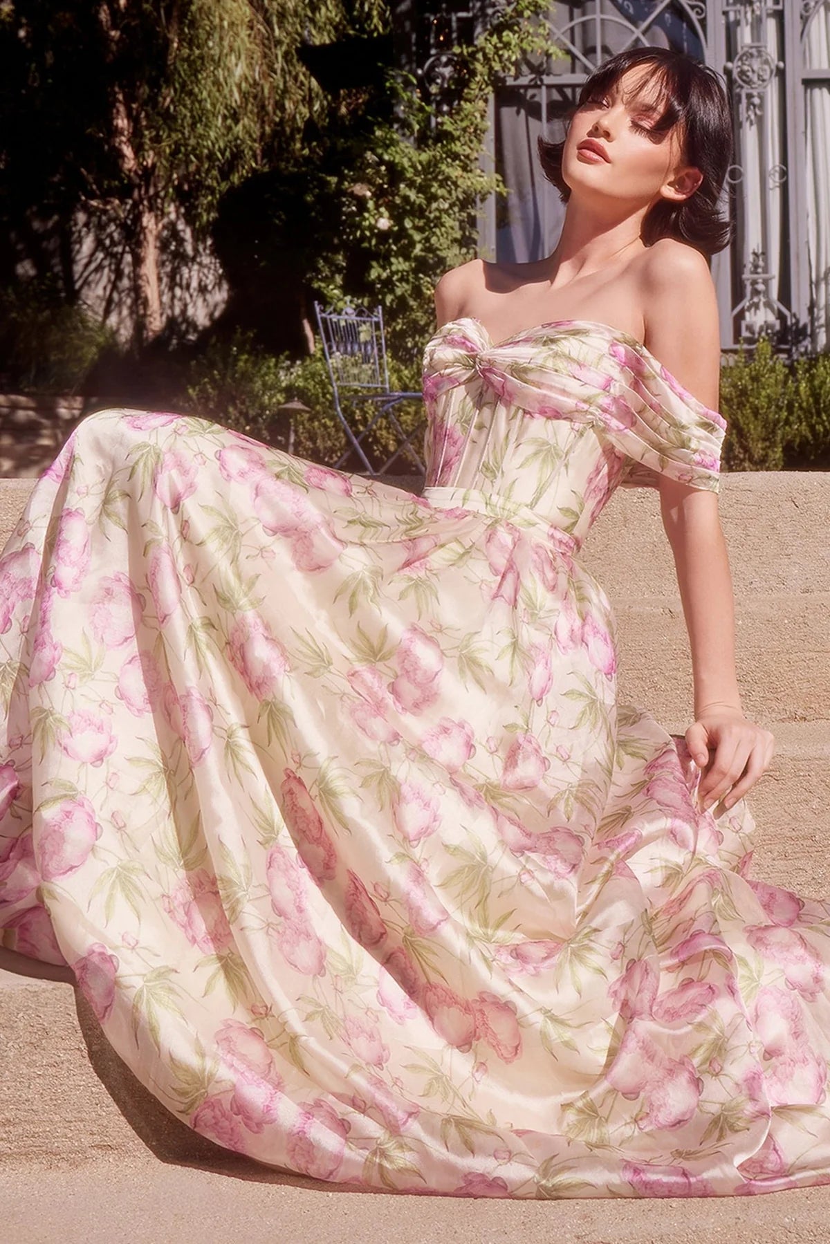 Andrea and Leo A1466 - Floral Print Off Shoulder Organza Dress