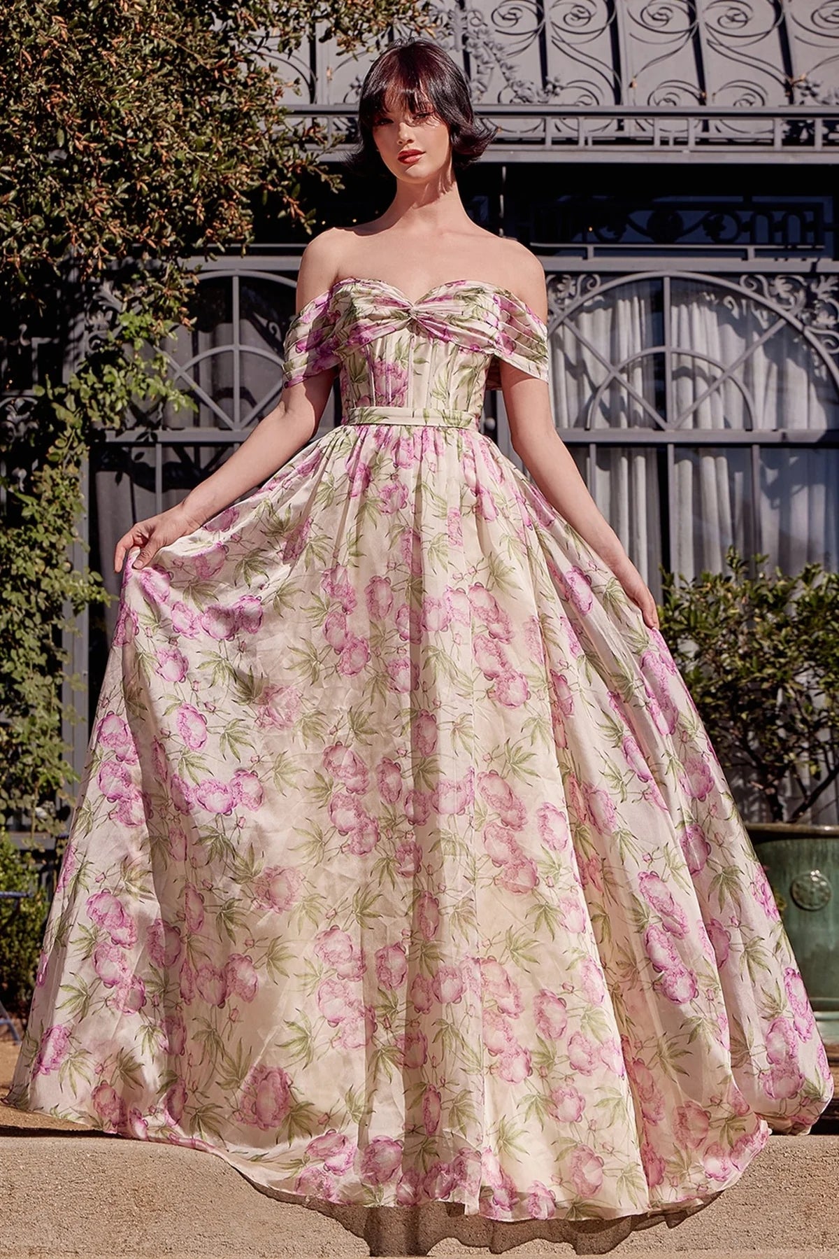 Andrea and Leo A1466 - Floral Print Off Shoulder Organza Dress