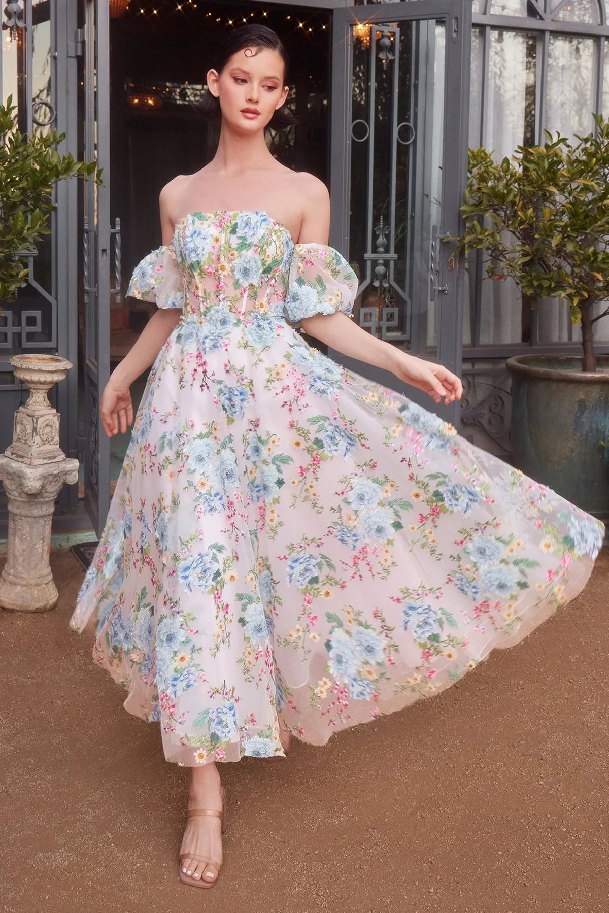 Andrea and Leo A1406 - Floral Applique Tea Length Dress