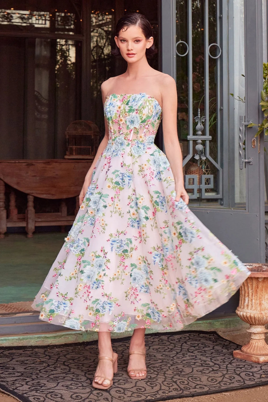 Andrea and Leo A1406 - Floral Applique Tea Length Dress