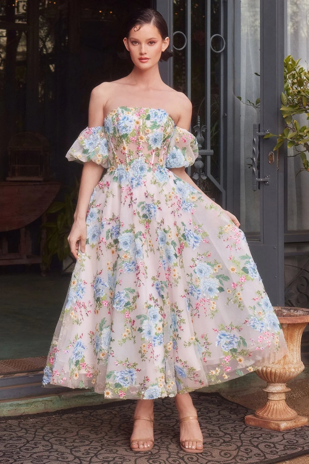 Andrea and Leo A1406 - Floral Applique Tea Length Dress