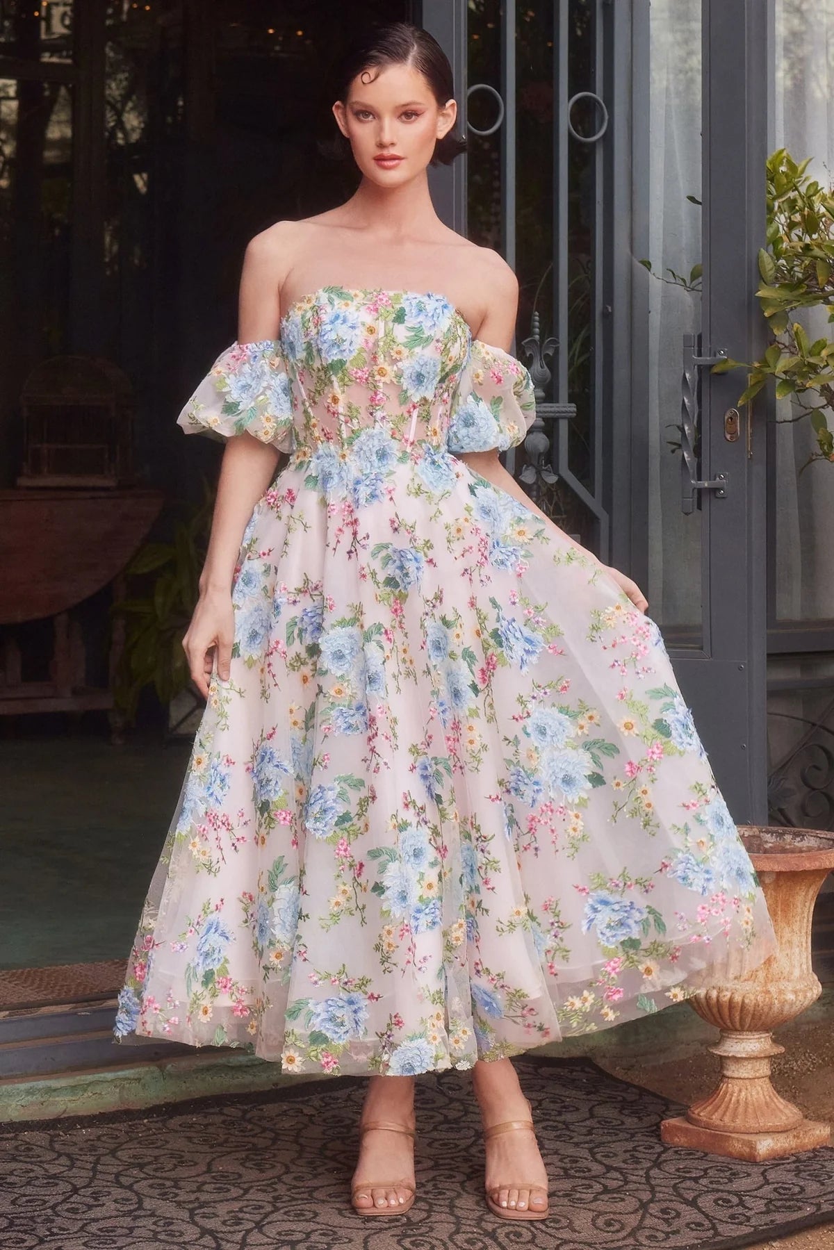 Andrea and Leo A1406 - Floral Applique Tea Length Dress