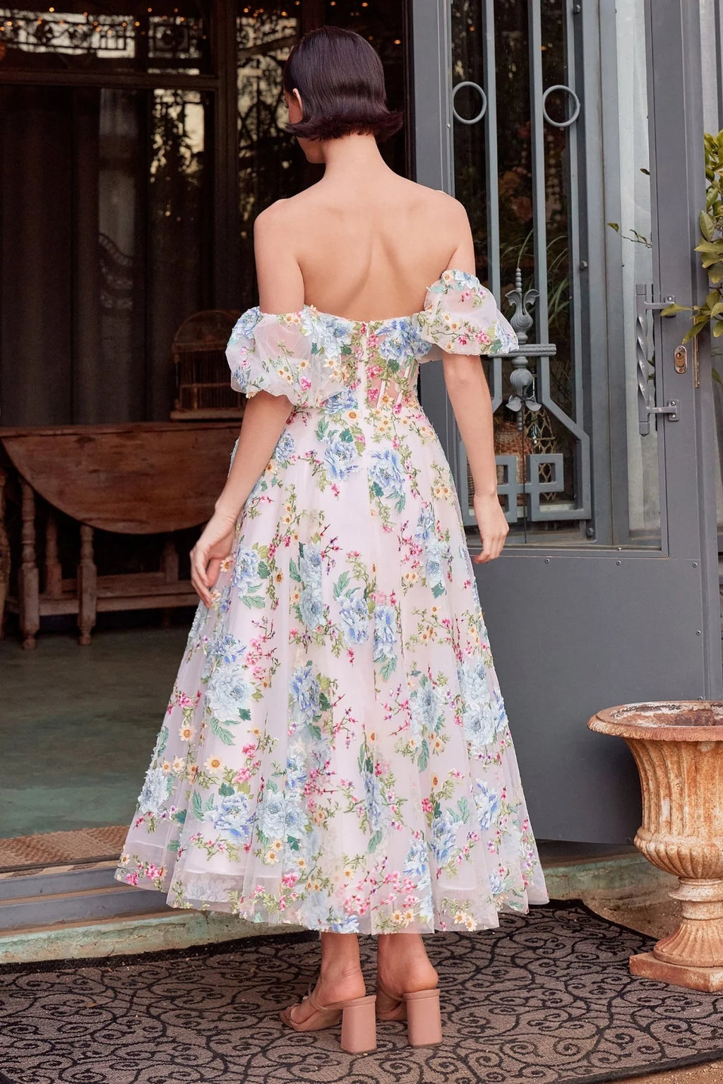 Andrea and Leo A1406 - Floral Applique Tea Length Dress