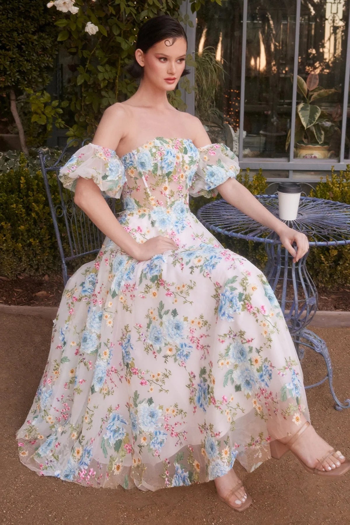Andrea and Leo A1406 - Floral Applique Tea Length Dress