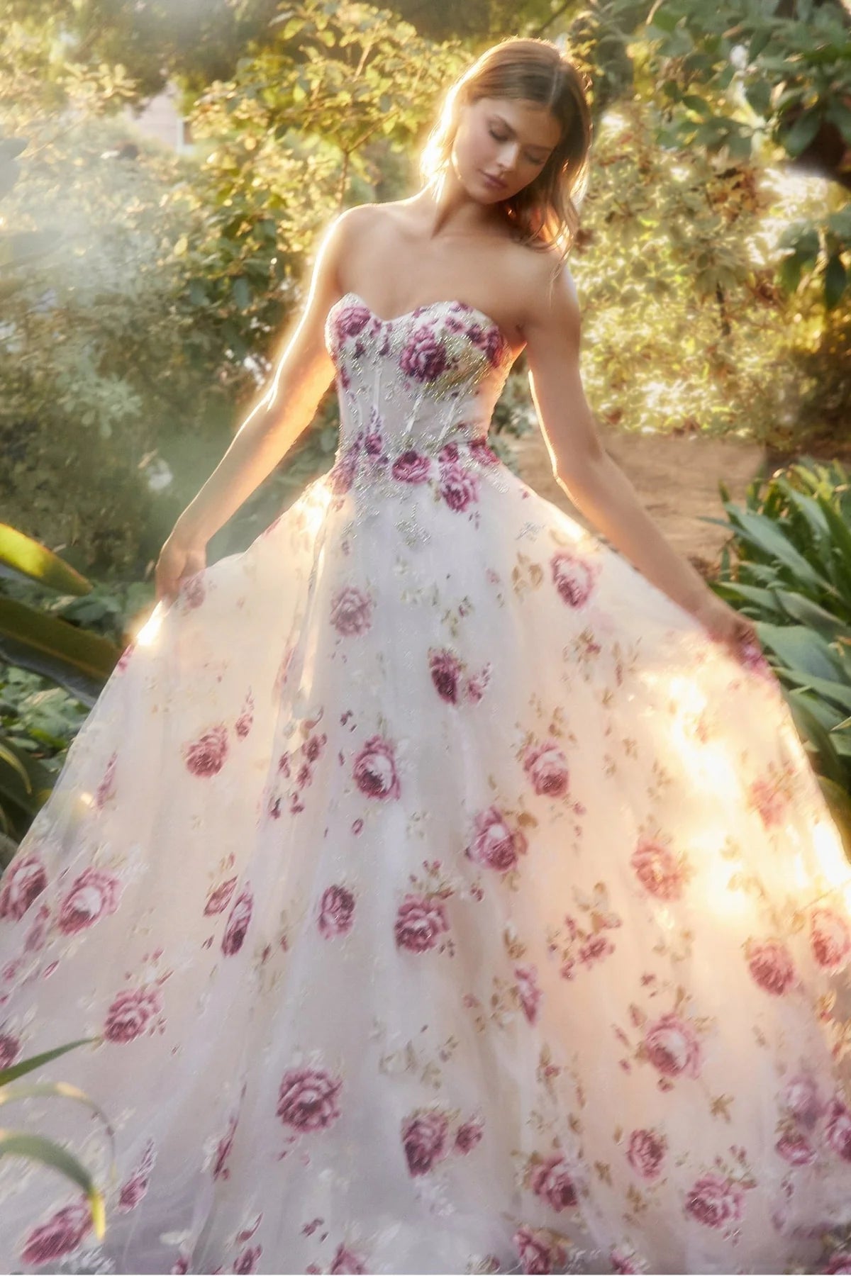 Andrea and Leo A1133- Strapless Floral Printed Ballgown