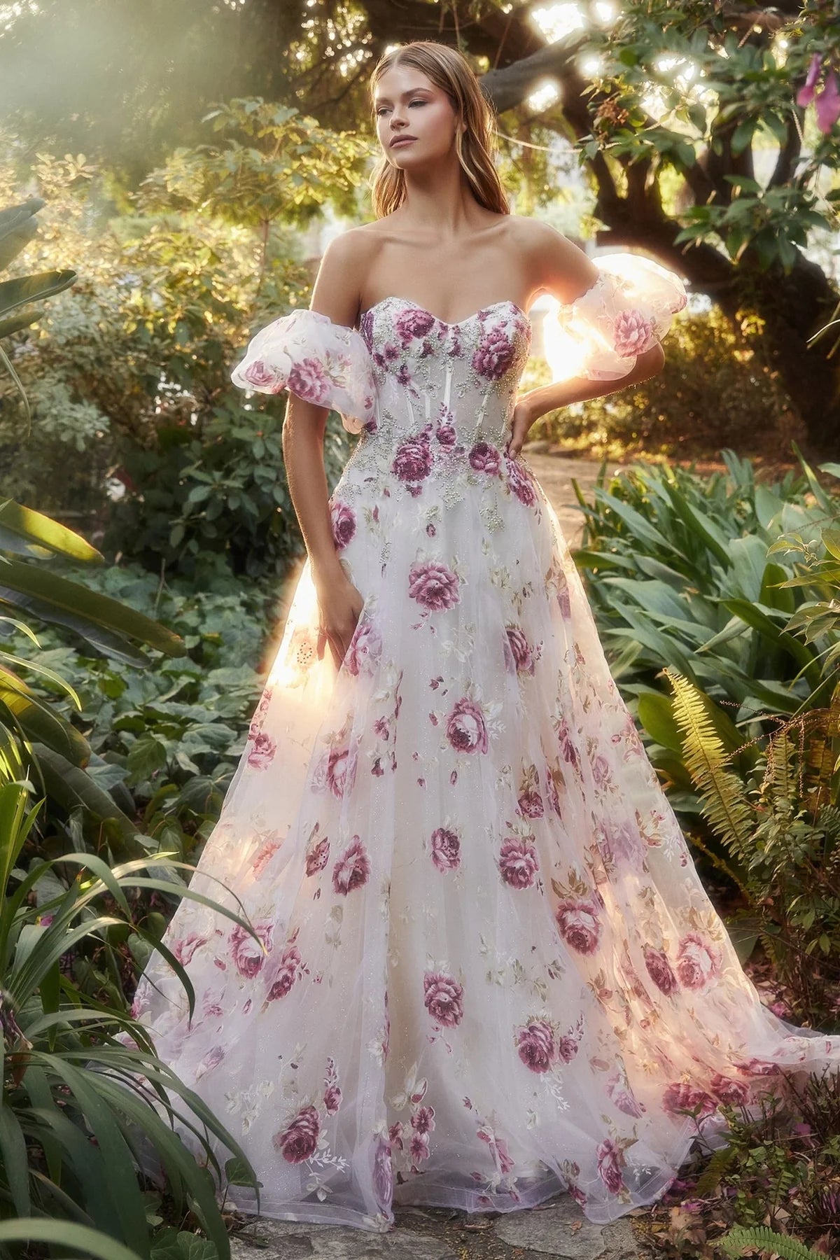 Andrea and Leo A1133- Strapless Floral Printed Ballgown